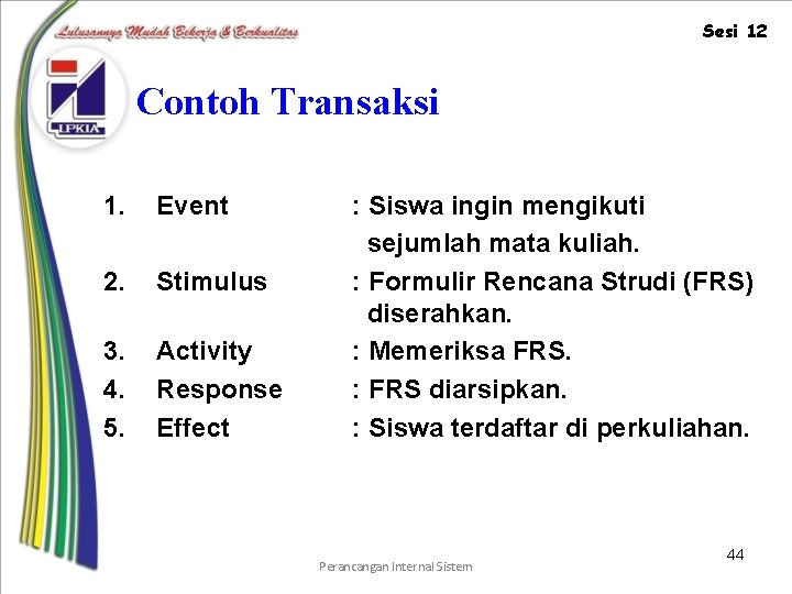 Sesi 12 Contoh Transaksi 1. Event 2. Stimulus 3. 4. 5. Activity Response Effect