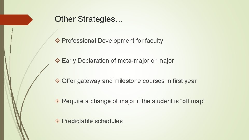 Other Strategies… Professional Development for faculty Early Declaration of meta-major or major Offer gateway