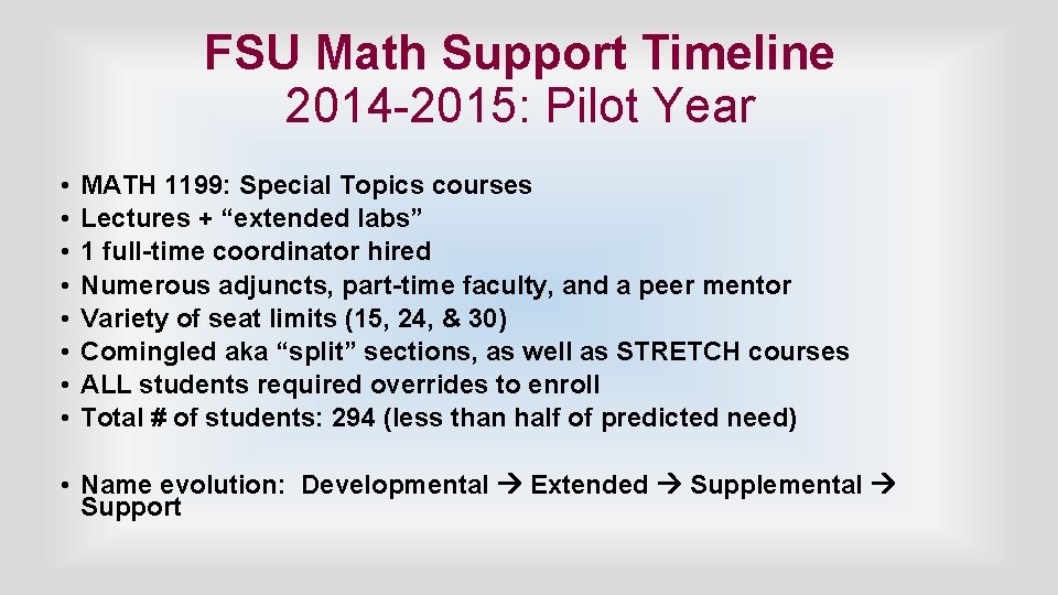 FSU Math Support Timeline 2014 -2015: Pilot Year • • MATH 1199: Special Topics