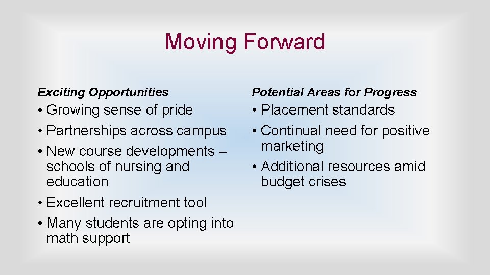 Moving Forward Exciting Opportunities Potential Areas for Progress • Growing sense of pride •