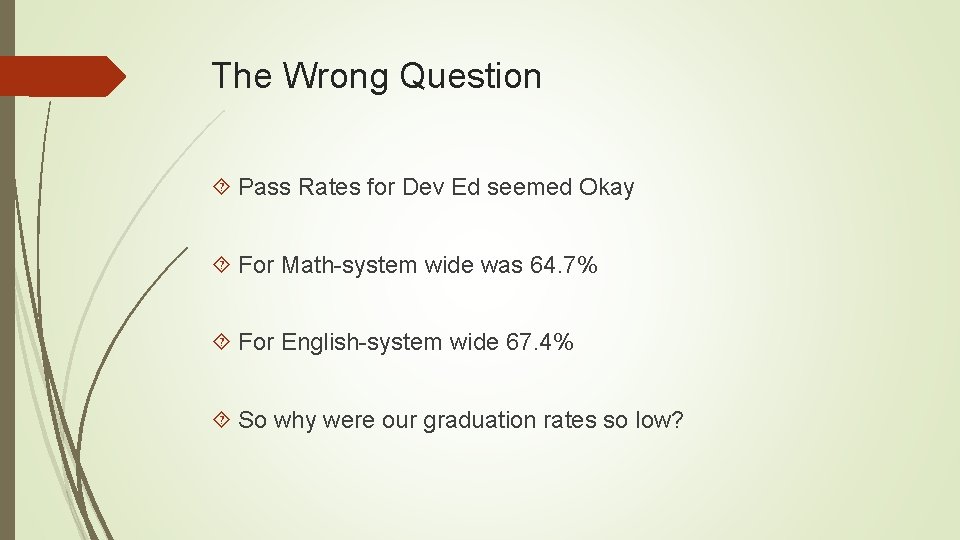 The Wrong Question Pass Rates for Dev Ed seemed Okay For Math-system wide was