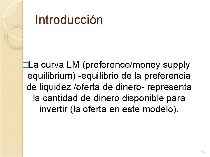 Introducción �La curva LM (preference/money supply equilibrium) -equilibrio de la preferencia de liquidez /oferta