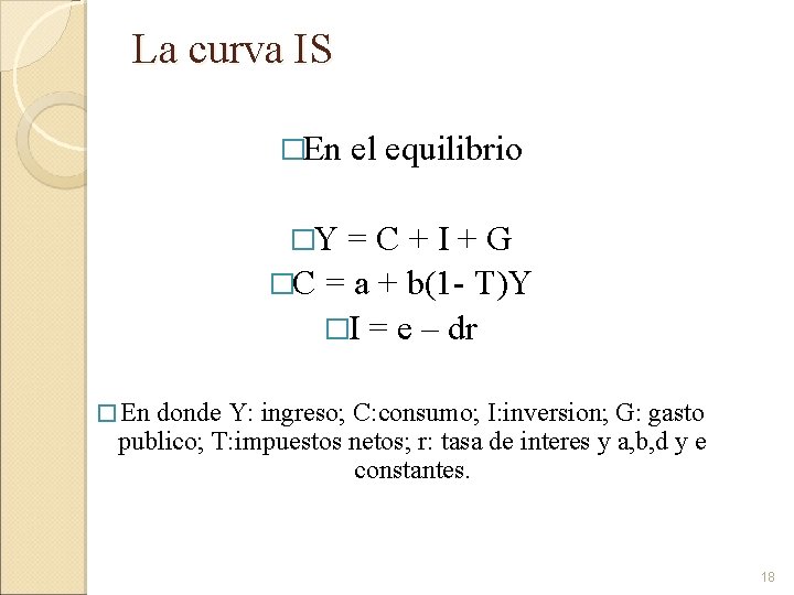 La curva IS �En el equilibrio �Y = C + I + G �C