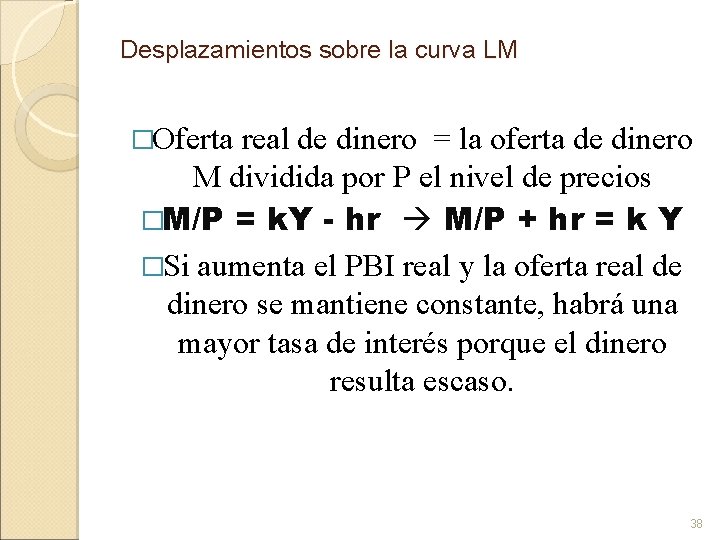 Desplazamientos sobre la curva LM �Oferta real de dinero = la oferta de dinero