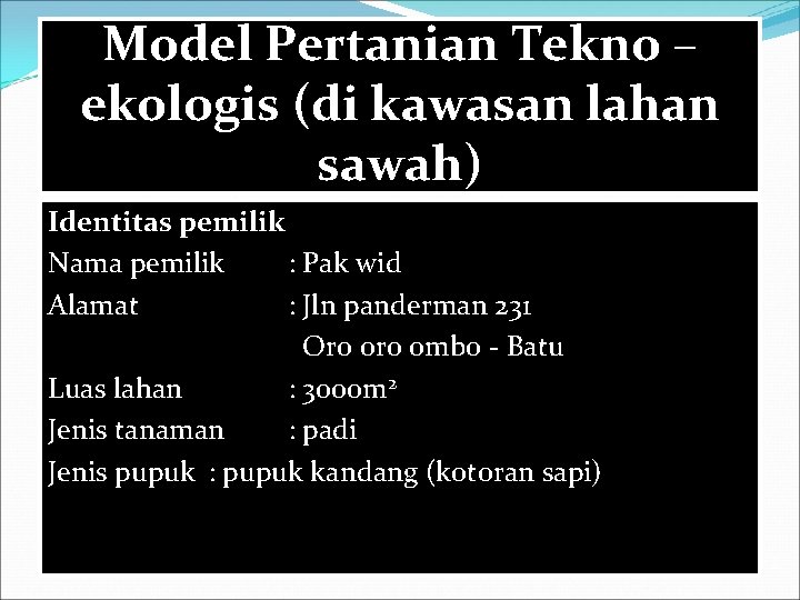 Model Pertanian Tekno – ekologis (di kawasan lahan sawah) Identitas pemilik Nama pemilik :