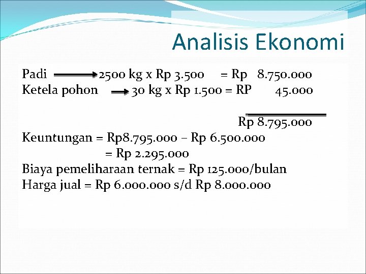 Analisis Ekonomi Padi 2500 kg x Rp 3. 500 = Rp 8. 750. 000