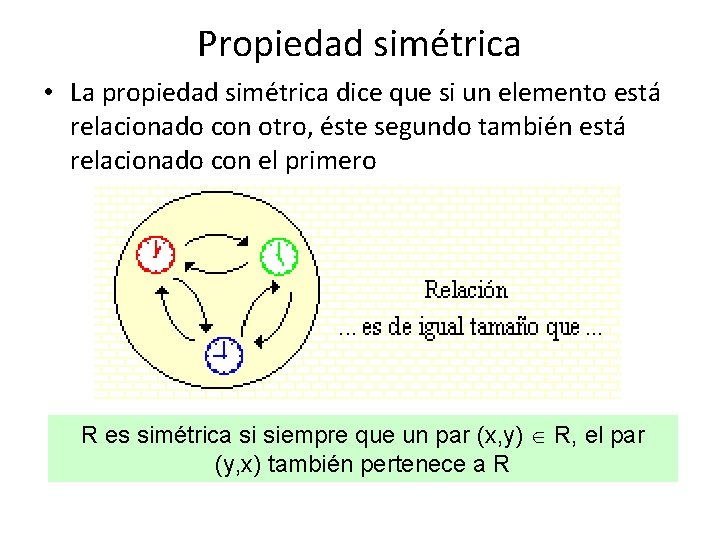 Propiedad simétrica • La propiedad simétrica dice que si un elemento está relacionado con