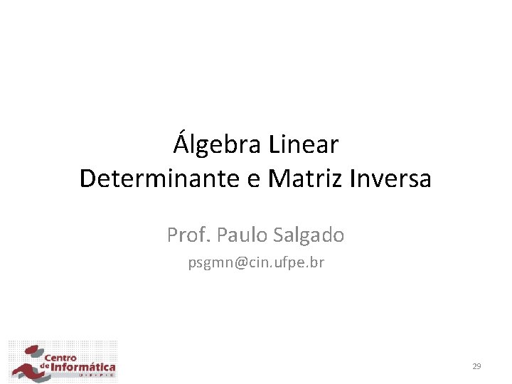 Álgebra Linear Determinante e Matriz Inversa Prof. Paulo Salgado psgmn@cin. ufpe. br 29 