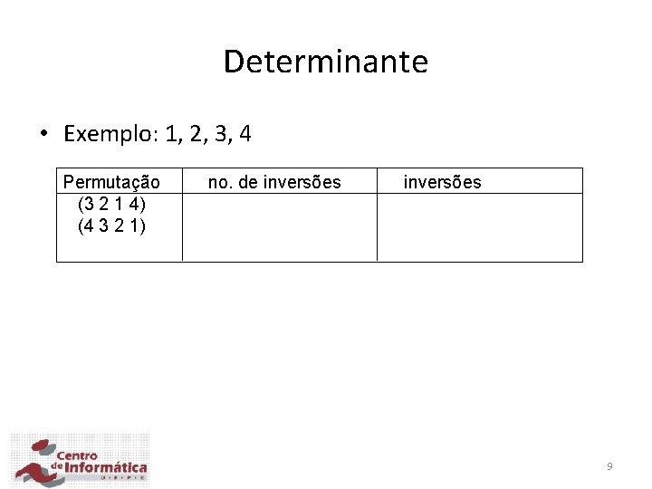 Determinante • Exemplo: 1, 2, 3, 4 Permutação (3 2 1 4) (4 3