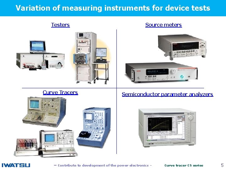 Variation of measuring instruments for device tests Testers Source meters 　　 Curve Tracers Semiconductor