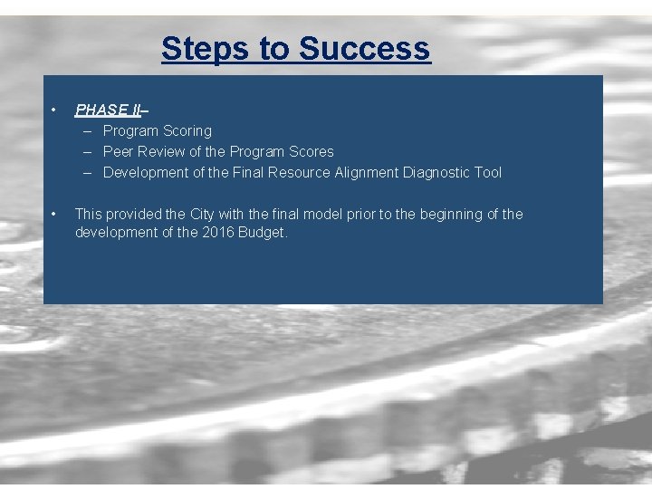 Steps to Success • PHASE II– – Program Scoring – Peer Review of the