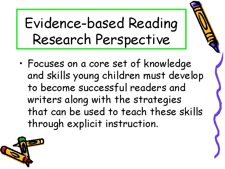 Evidence-based Reading Research Perspective • Focuses on a core set of knowledge and skills