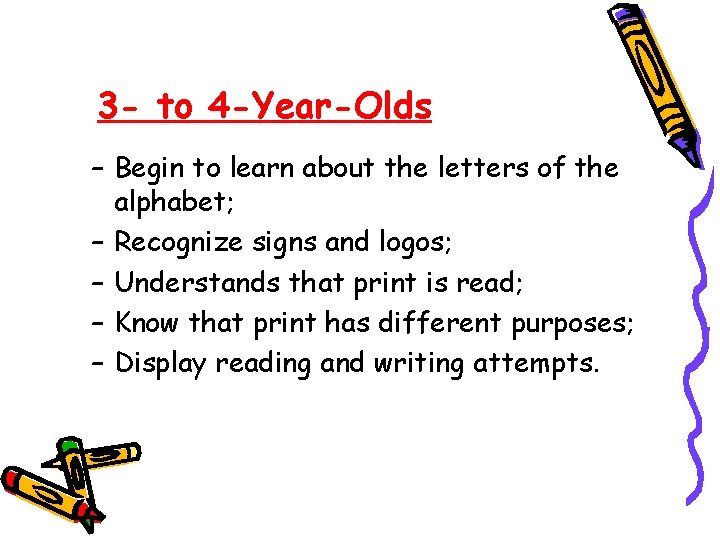 3 - to 4 -Year-Olds – Begin to learn about the letters of the