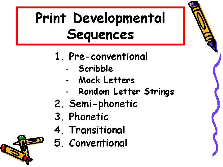Print Developmental Sequences 1. Pre-conventional 2. 3. 4. 5. - Scribble Mock Letters Random
