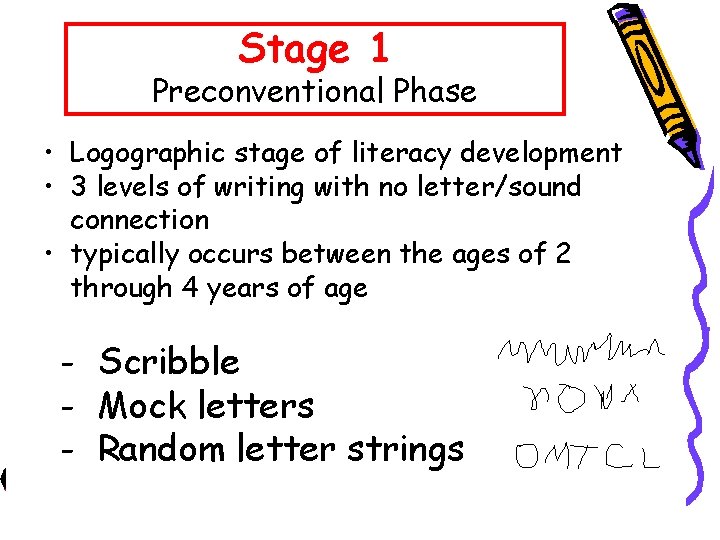Stage 1 Preconventional Phase • Logographic stage of literacy development • 3 levels of