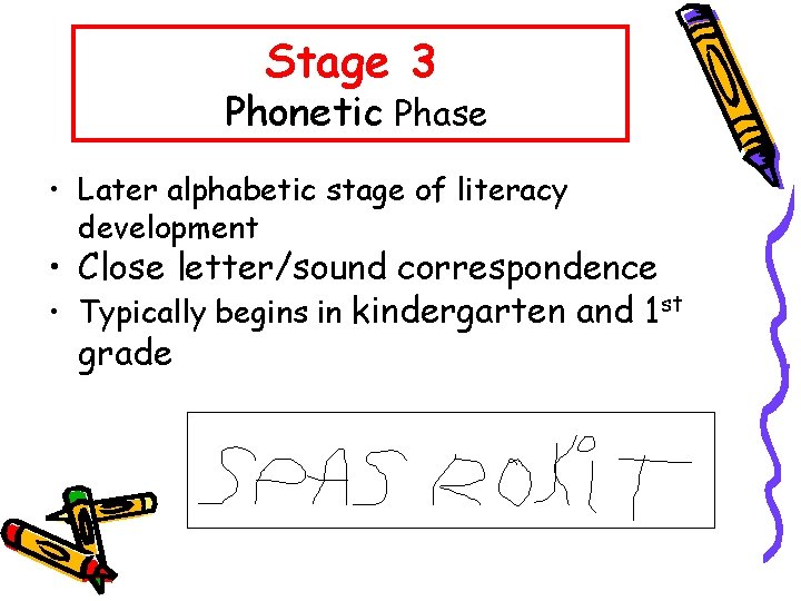 Stage 3 Phonetic Phase • Later alphabetic stage of literacy development • Close letter/sound