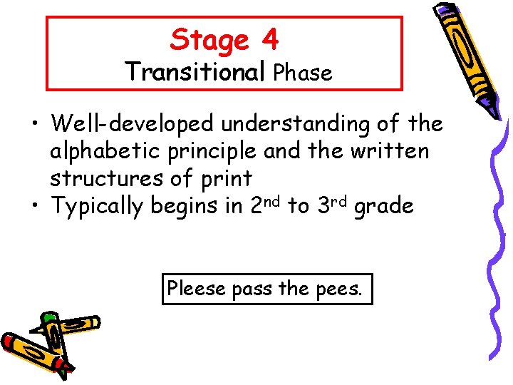 Stage 4 Transitional Phase • Well-developed understanding of the alphabetic principle and the written
