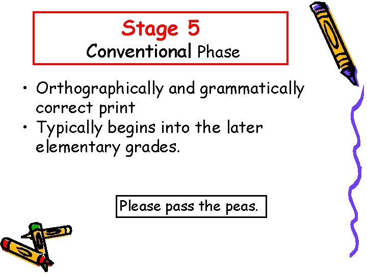 Stage 5 Conventional Phase • Orthographically and grammatically correct print • Typically begins into