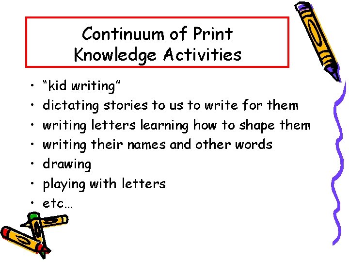 Continuum of Print Knowledge Activities • • “kid writing” dictating stories to us to