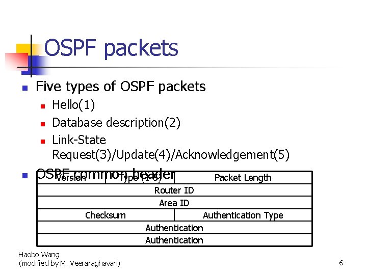 OSPF packets n Five types of OSPF packets n n Hello(1) Database description(2) Link-State