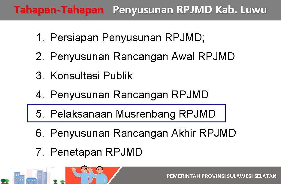 Tahapan-Tahapan Penyusunan RPJMD Kab. Luwu 1. Persiapan Penyusunan RPJMD; 2. Penyusunan Rancangan Awal RPJMD