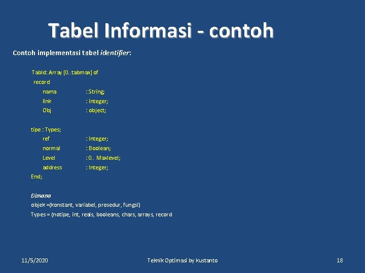 Tabel Informasi - contoh Contoh implementasi tabel identifier: Tab. Id: Array [0. . tabmax]