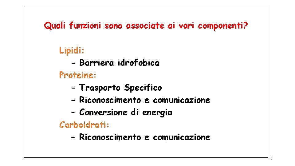 Quali funzioni sono associate ai vari componenti? Lipidi: - Barriera idrofobica Proteine: - Trasporto