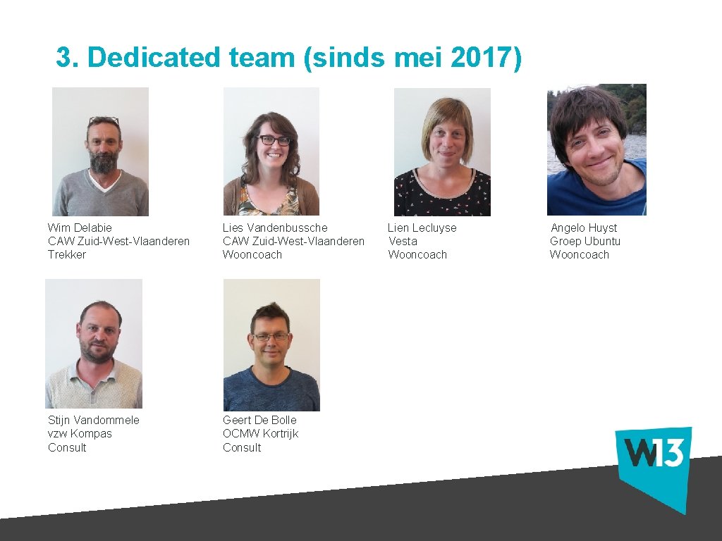3. Dedicated team (sinds mei 2017) Wim Delabie CAW Zuid-West-Vlaanderen Trekker Lies Vandenbussche Lien