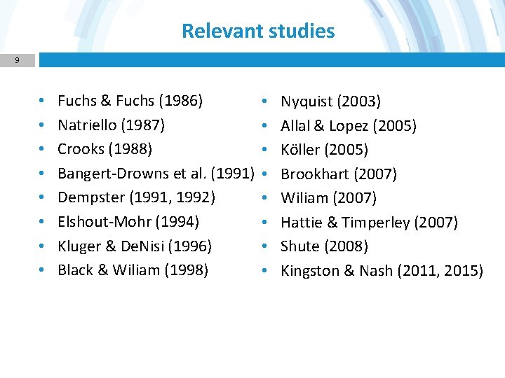 Relevant studies 9 • • Fuchs & Fuchs (1986) Natriello (1987) Crooks (1988) Bangert-Drowns
