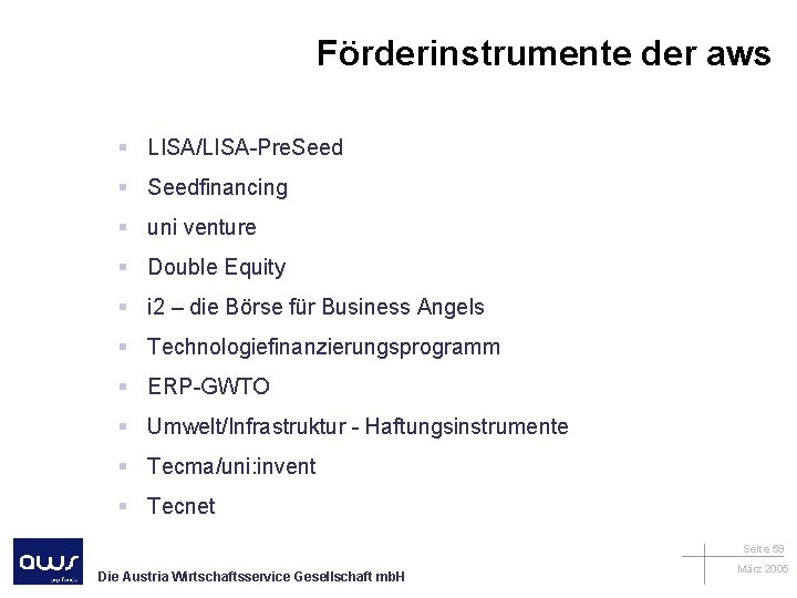 Förderinstrumente der aws § LISA/LISA-Pre. Seed § Seedfinancing § uni venture § Double Equity