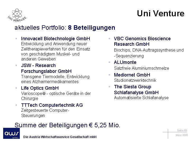 Uni Venture aktuelles Portfolio: 8 Beteiligungen § Innovacell Biotechnologie Gmb. H Entwicklung und Anwendung