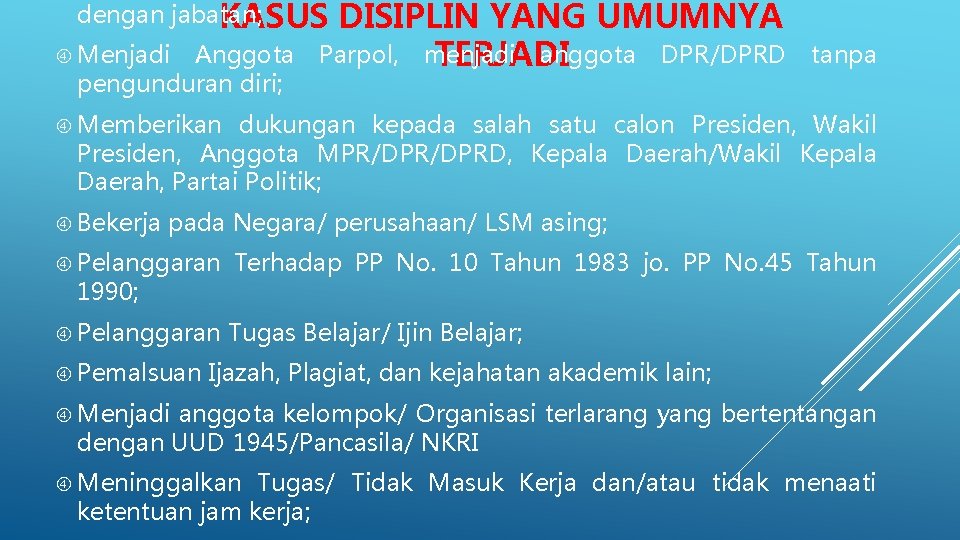 dengan jabatan; KASUS Menjadi Anggota pengunduran diri; DISIPLIN YANG UMUMNYA Parpol, menjadi anggota DPR/DPRD