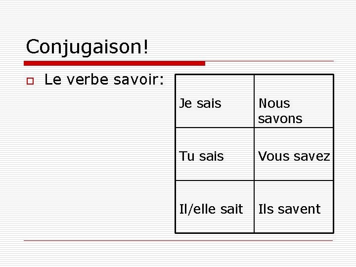 Conjugaison! o Le verbe savoir: Je sais Nous savons Tu sais Vous savez Il/elle