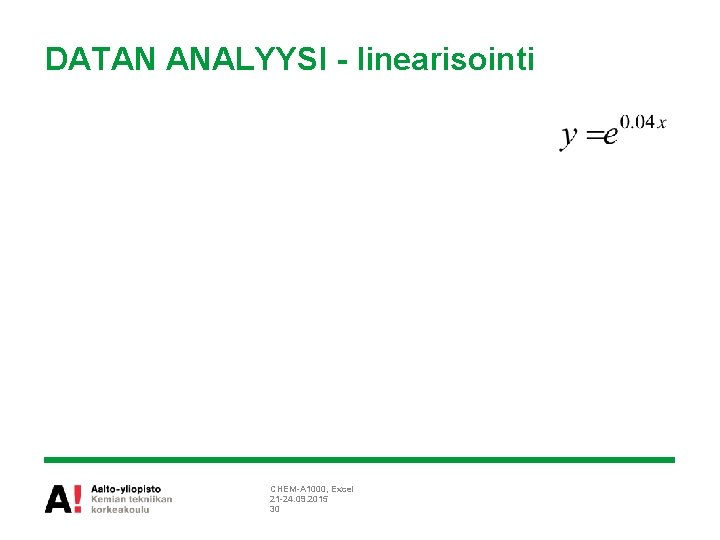 DATAN ANALYYSI - linearisointi CHEM-A 1000, Excel 21 -24. 09. 2015 30 
