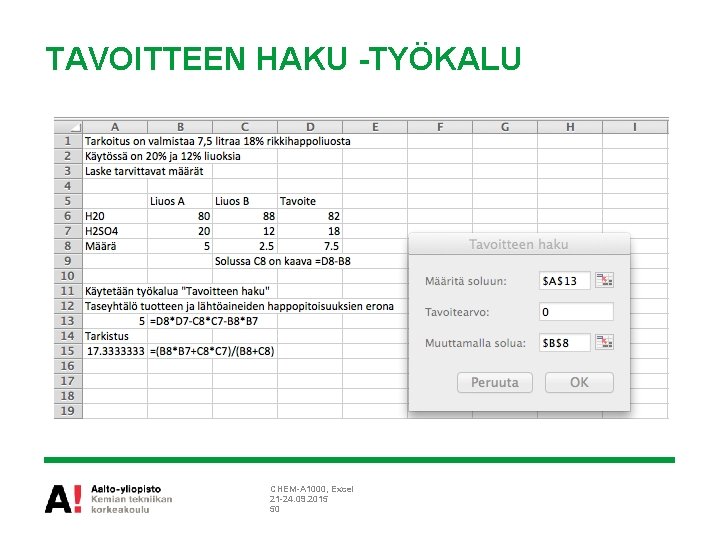 TAVOITTEEN HAKU -TYÖKALU CHEM-A 1000, Excel 21 -24. 09. 2015 50 