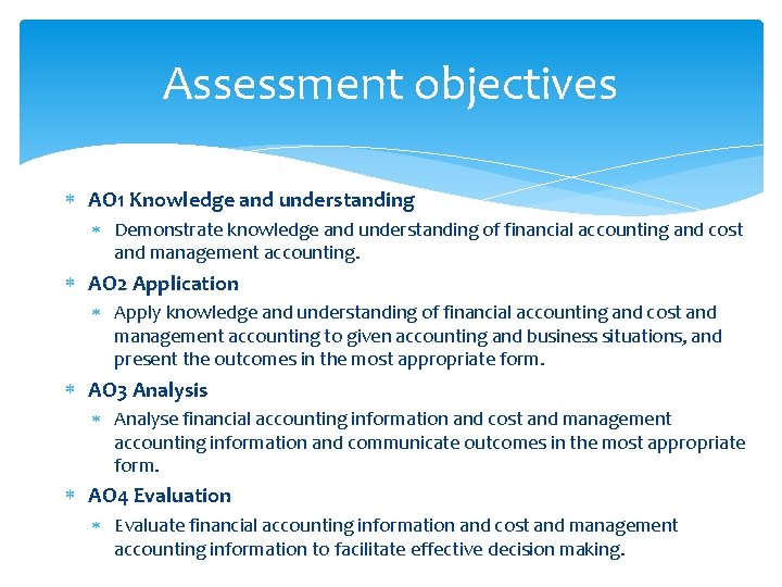 Assessment objectives AO 1 Knowledge and understanding Demonstrate knowledge and understanding of financial accounting