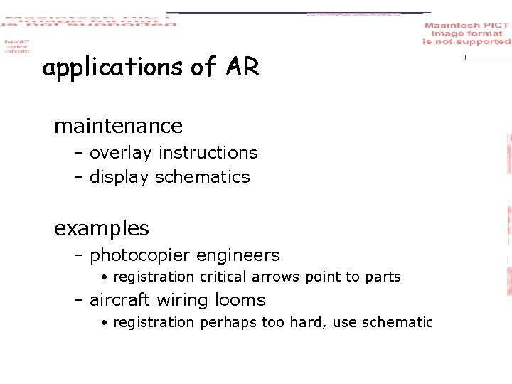 applications of AR maintenance – overlay instructions – display schematics examples – photocopier engineers