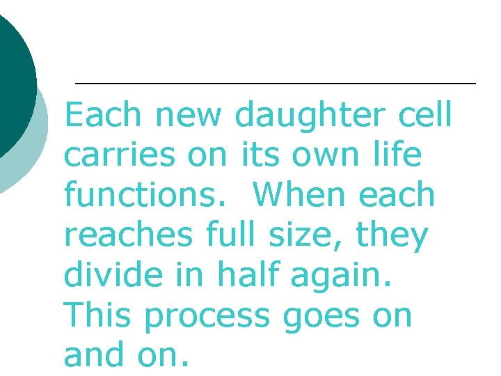 Each new daughter cell carries on its own life functions. When each reaches full