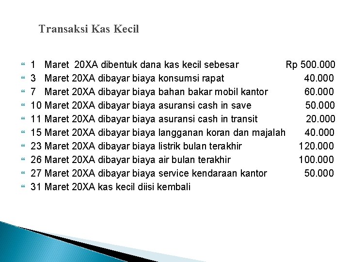 Transaksi Kas Kecil 1 Maret 20 XA dibentuk dana kas kecil sebesar Rp 500.
