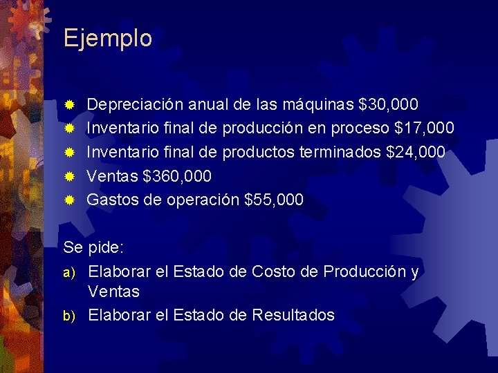 Ejemplo ® ® ® Depreciación anual de las máquinas $30, 000 Inventario final de