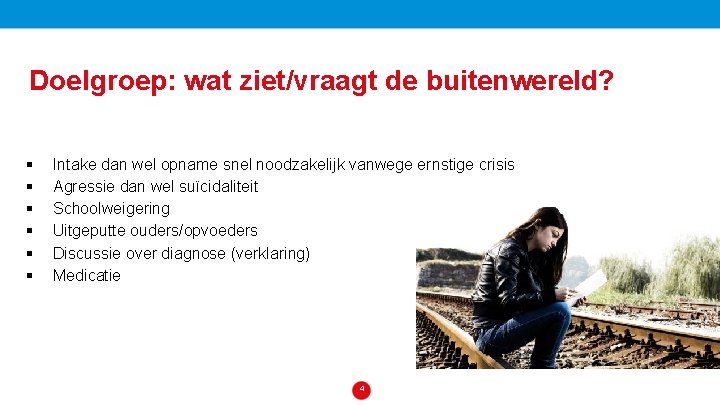 Doelgroep: wat ziet/vraagt de buitenwereld? § § § Intake dan wel opname snel noodzakelijk