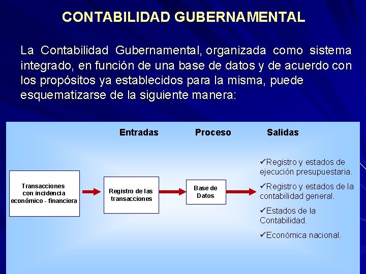 CONTABILIDAD GUBERNAMENTAL La Contabilidad Gubernamental, organizada como sistema integrado, en función de una base