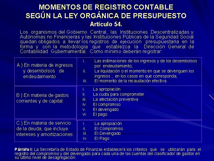 MOMENTOS DE REGISTRO CONTABLE SEGÚN LA LEY ORGÁNICA DE PRESUPUESTO Artículo 54. Los organismos