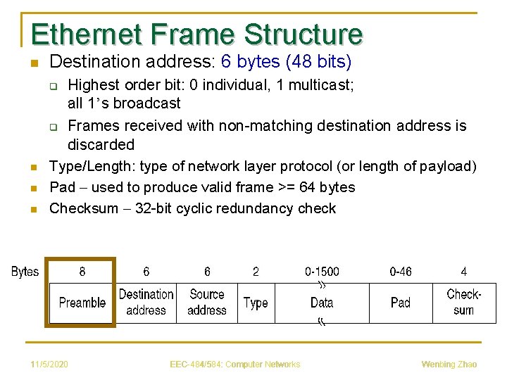 Ethernet Frame Structure n Destination address: 6 bytes (48 bits) Highest order bit: 0