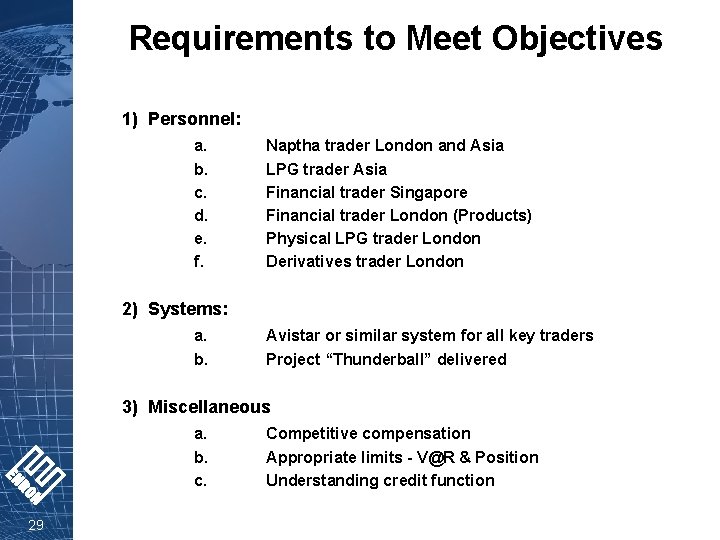 Requirements to Meet Objectives 1) Personnel: a. b. c. d. e. f. Naptha trader