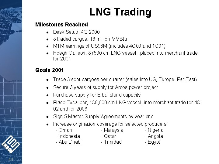 LNG Trading Milestones Reached l l Desk Setup, 4 Q 2000 8 traded cargos,