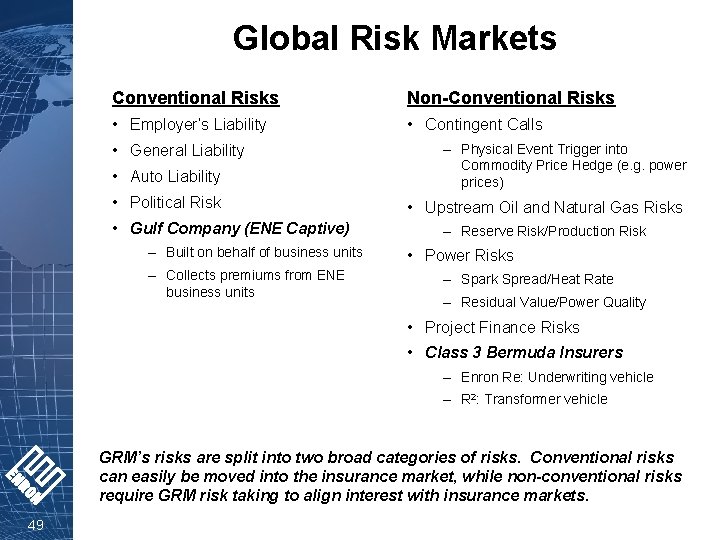 Global Risk Markets Conventional Risks Non-Conventional Risks • Employer’s Liability • Contingent Calls •