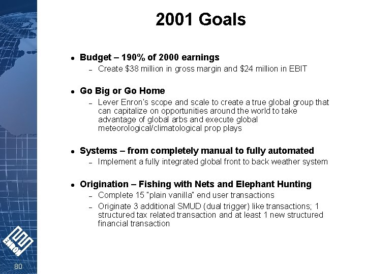 2001 Goals l Budget – 190% of 2000 earnings – l Go Big or