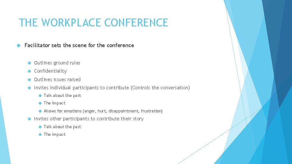 THE WORKPLACE CONFERENCE Facilitator sets the scene for the conference Outlines ground rules Confidentiality