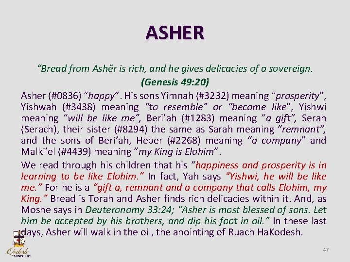 ASHER “Bread from Ashĕr is rich, and he gives delicacies of a sovereign. (Genesis